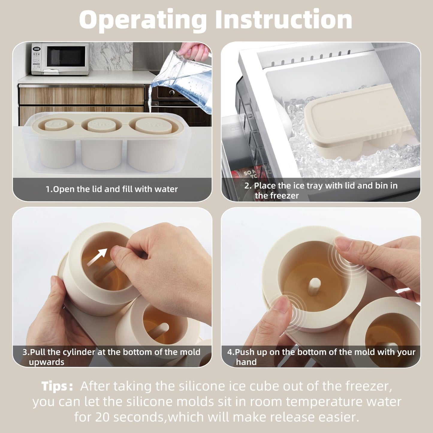 Tcamp Tumbler Ice Mold, Ice Cube Tray for 30 oz -40 oz Tumbler Cup, 3 Pcs Silicone Hollow Cylinder Ice Mold with Lid and Bin for Freezer, Ice Drink, Juice, Whiskey, Cocktail (White)