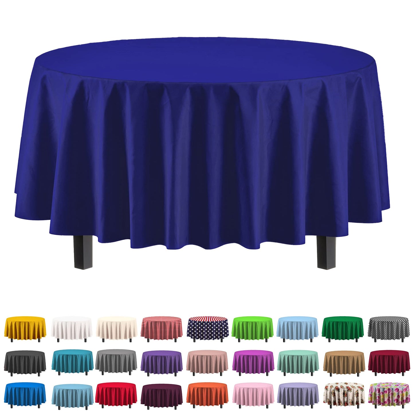 Party Solids Pack Of 6 Premium Plastic Tablecloth 84 Inch Round Plastic Table Cover - Navy