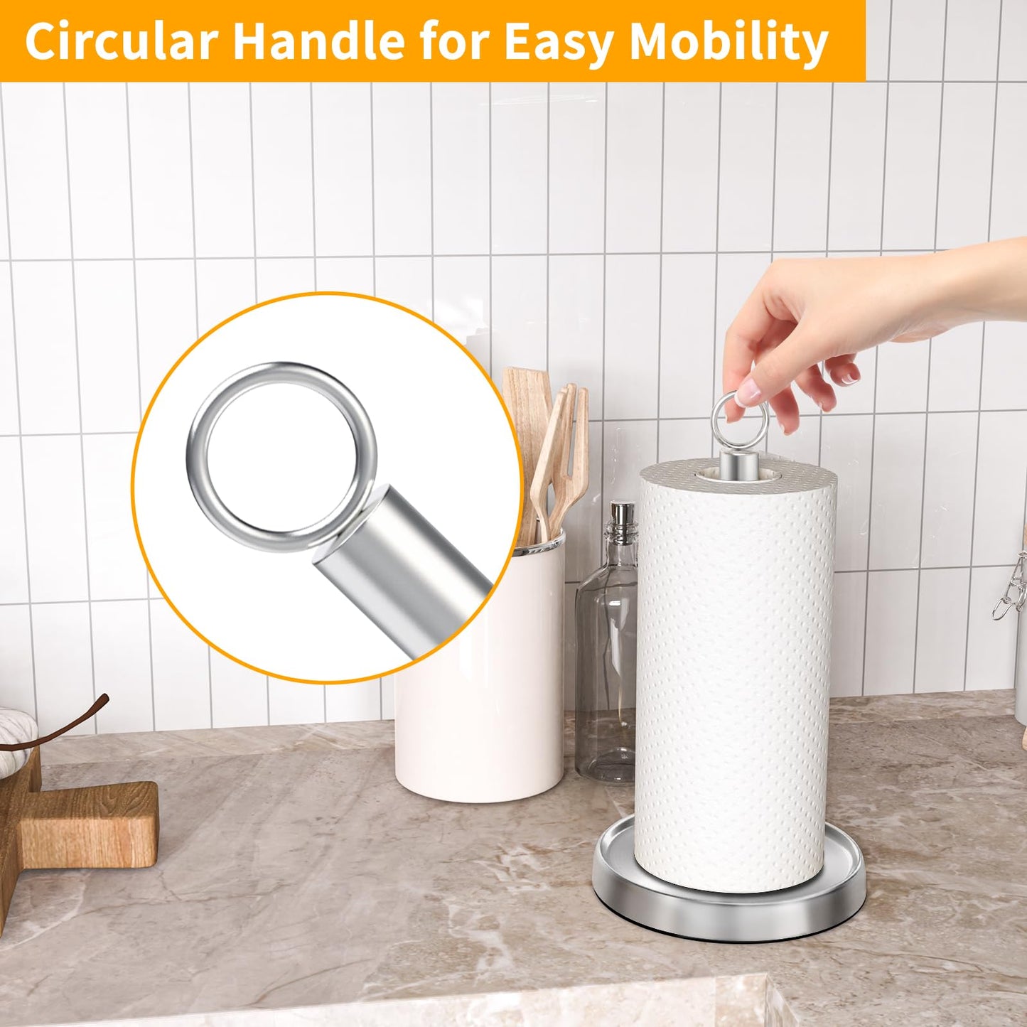 Paper Towel Holder Countertop, Stainless Steel, Weighted Base, Paper Towel Stand Holder for Kitchen Bathroom Farmhouse Essentials Decor Accessories, Silver