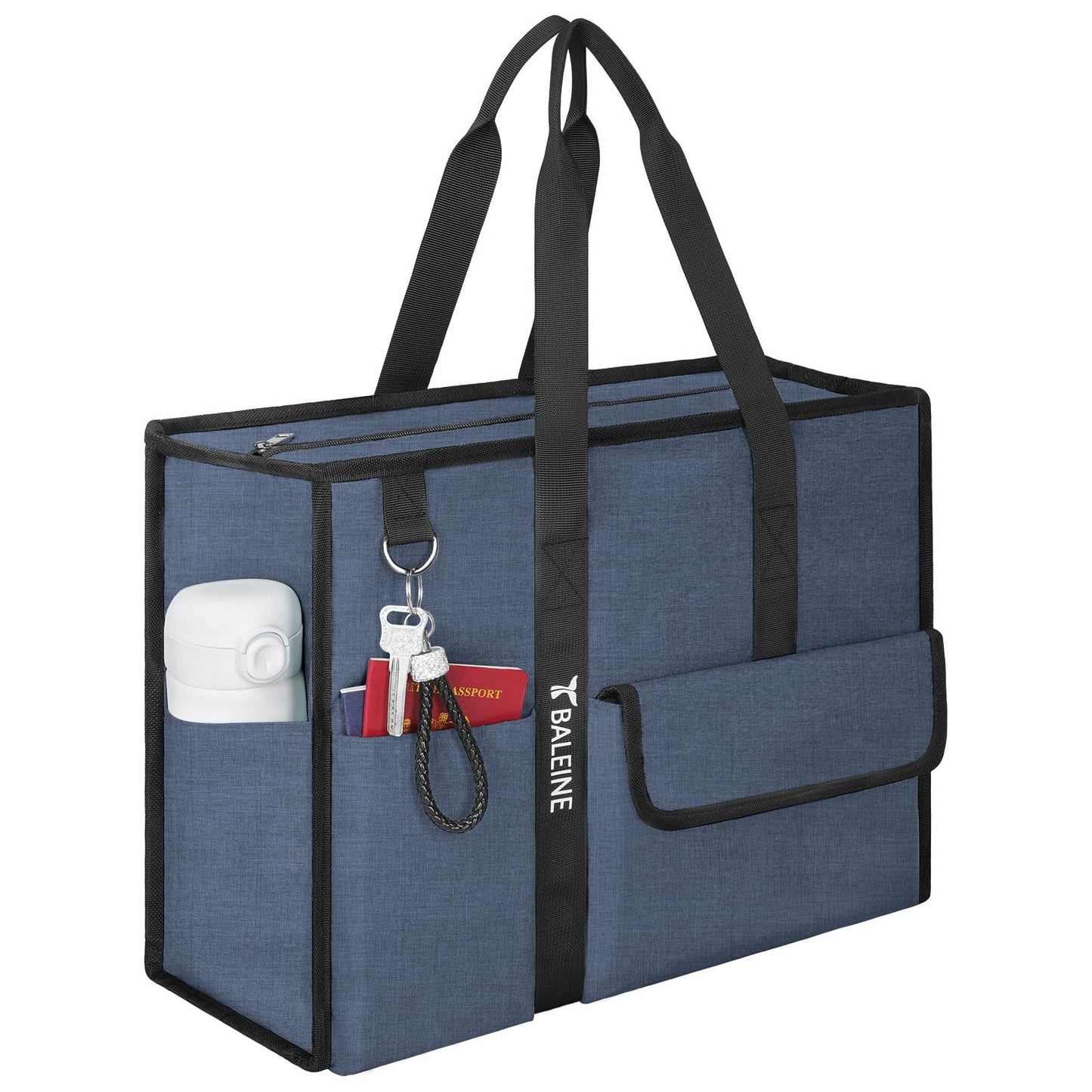 BALEINE Large Utility Tote Bag with Reinforced Bottom, Multi-Pockets and Top Zipper Closure, Perfect for Teachers, Nurses, Travel, Work - Water-Resistant (Large, Navy)