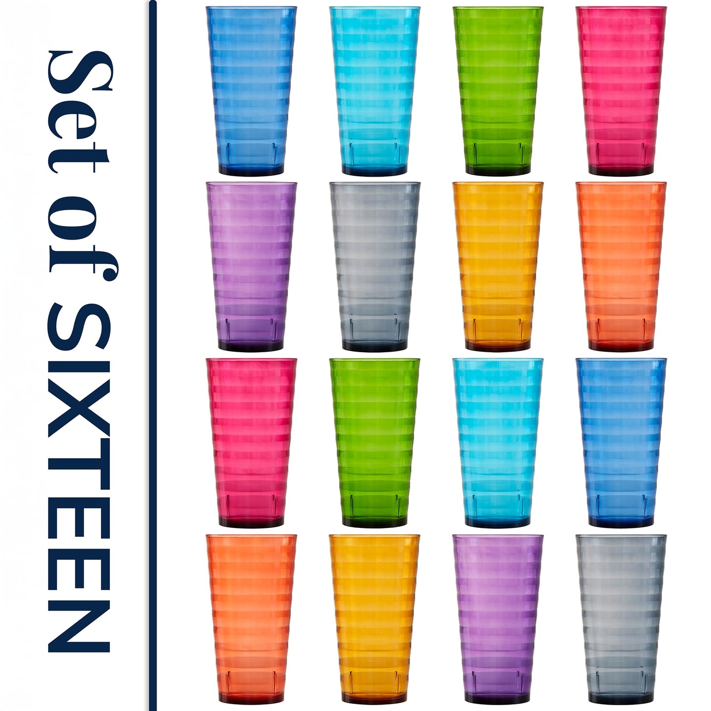 US Acrylic Splash [Set of 16] 18 ounce Plastic Stackable Water Tumblers in Jewel Tone Colors Value Set of Drinking Cups, Reusable, BPA-free, Made in the USA, Top-rack Dishwasher Safe