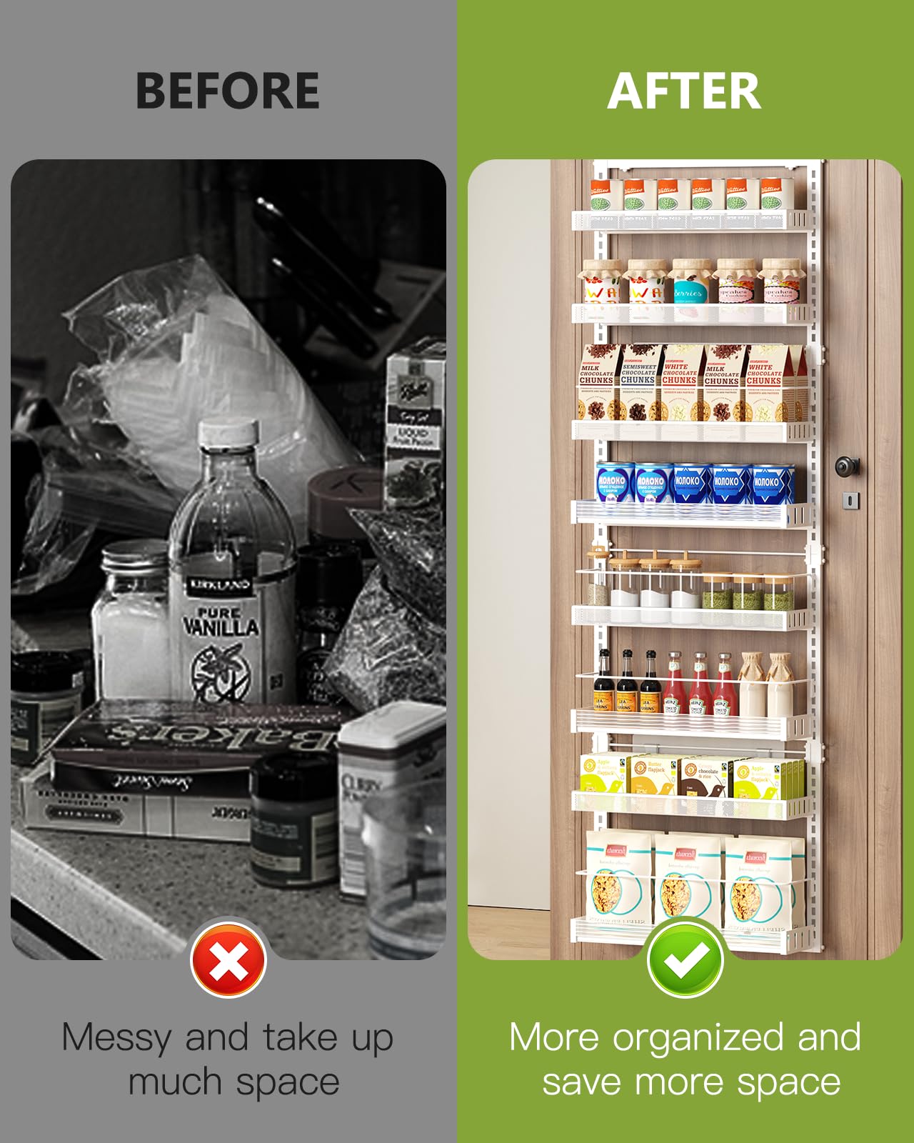 POKIPO Over the Door Pantry Organizer, 8-Tier Large Wall Mounted Storage Spice Rack, 2 in 1 Heavy-Duty Metal Adjustable Hanging Baskets for Pantry, Bathroom, Kitchen, White