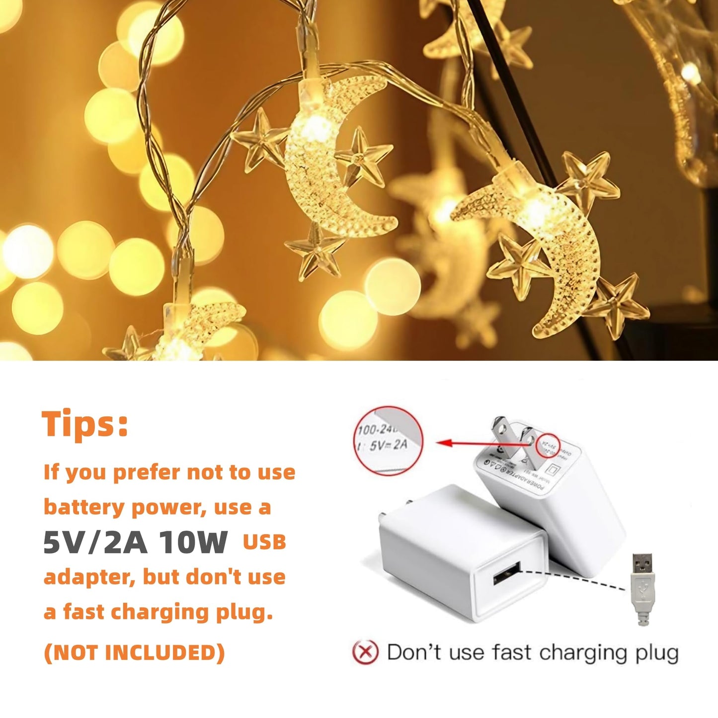 LANZODA Fairy Lights Battery Operated or USB Plug in 26ft/8M 40LED 8 Modes with Timer Ramadan Decorations for Home Moon and Star Lights Wedding Christmas Diwali Eid Room Decor Warm White