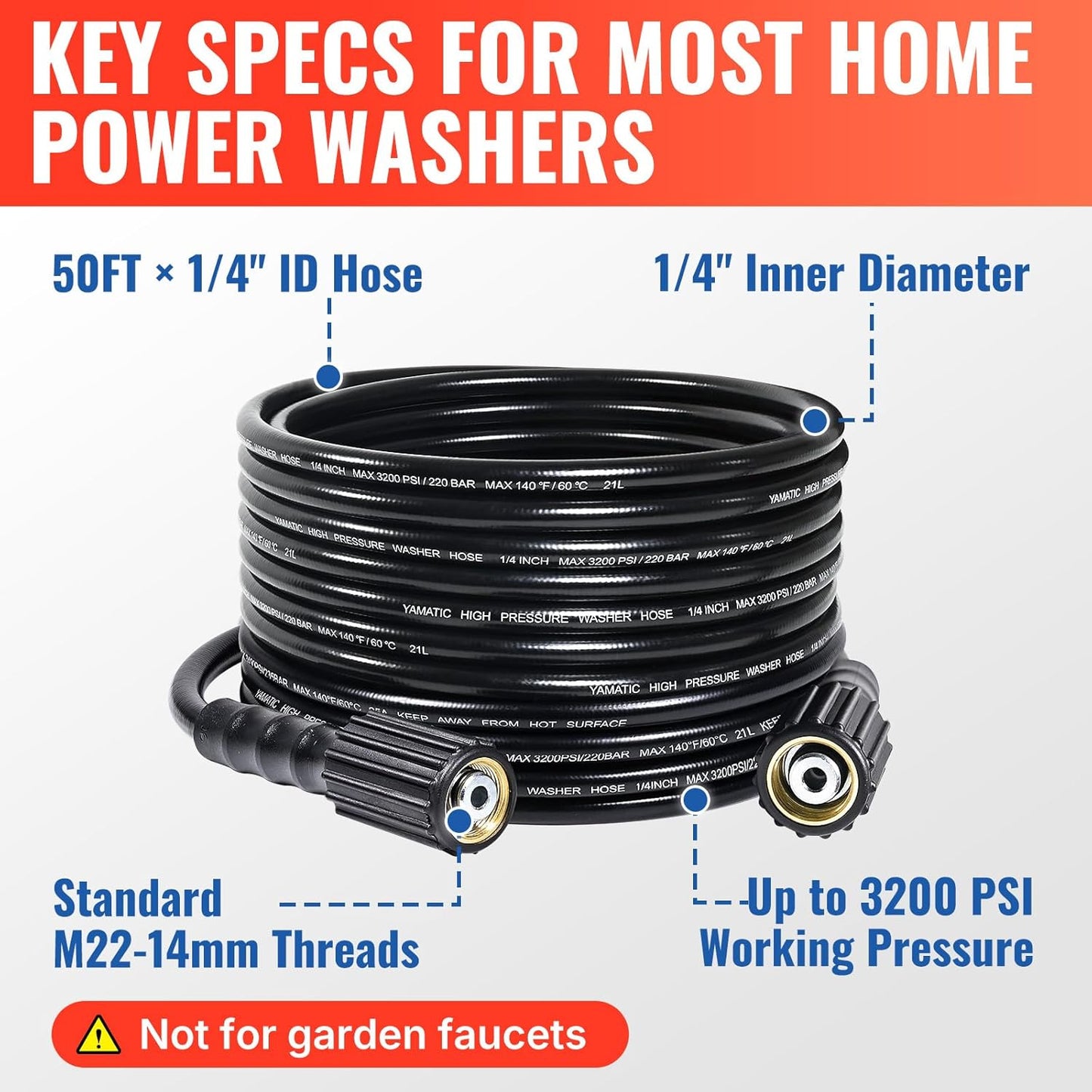 YAMATIC Pressure Washer Hose - 50FT x 1/4" Kink Resistant | 3200 PSI Upgrade with M22-14mm Brass Fittings for Ryobi, Troy Bilt, Greenworks, CRAFTSMAN
