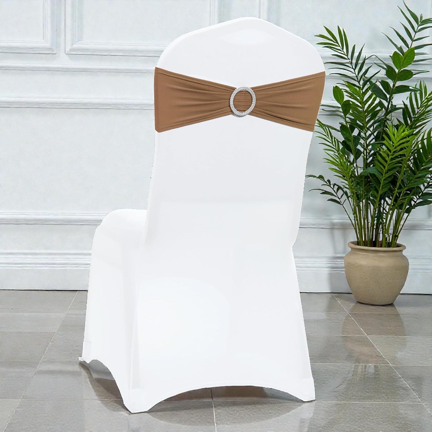MDS Premium Spandex Chair Sashes - Stretchy Bow Covers with Buckle Slider | Universal Fit for Weddings & Events - Mocha (Pack of 100)