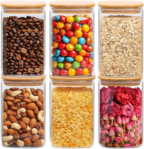 ComSaf Glass Storage Containers - 1.2 QT Clear Jars with Lids | Set of 6 Square Canisters for Pantry Organization