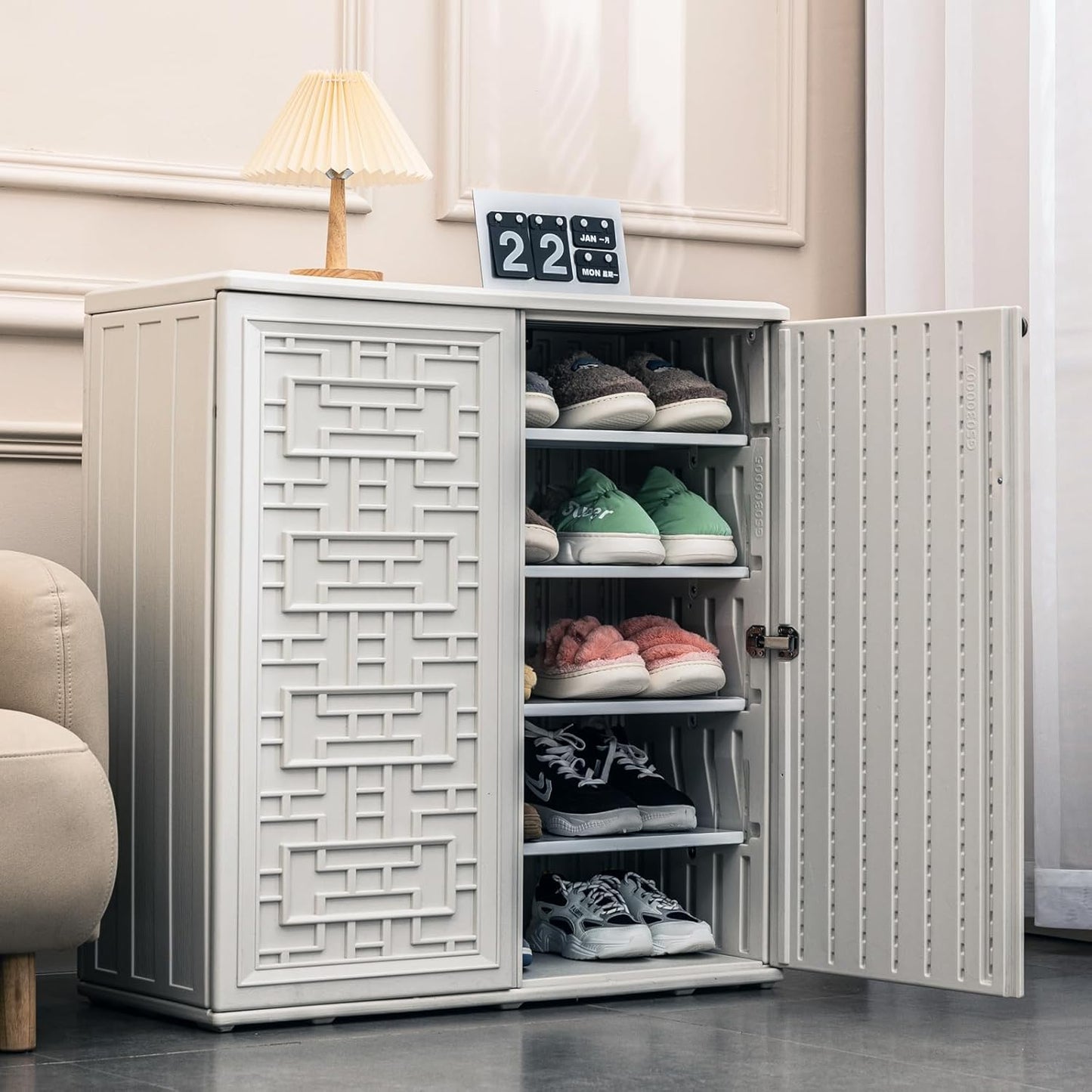 Mrosaa Waterproof Indoor Outdoor Storage Cabinet - Off White Plastic for Patio & Garden | 34.3''L x 15''W x 36.2''H