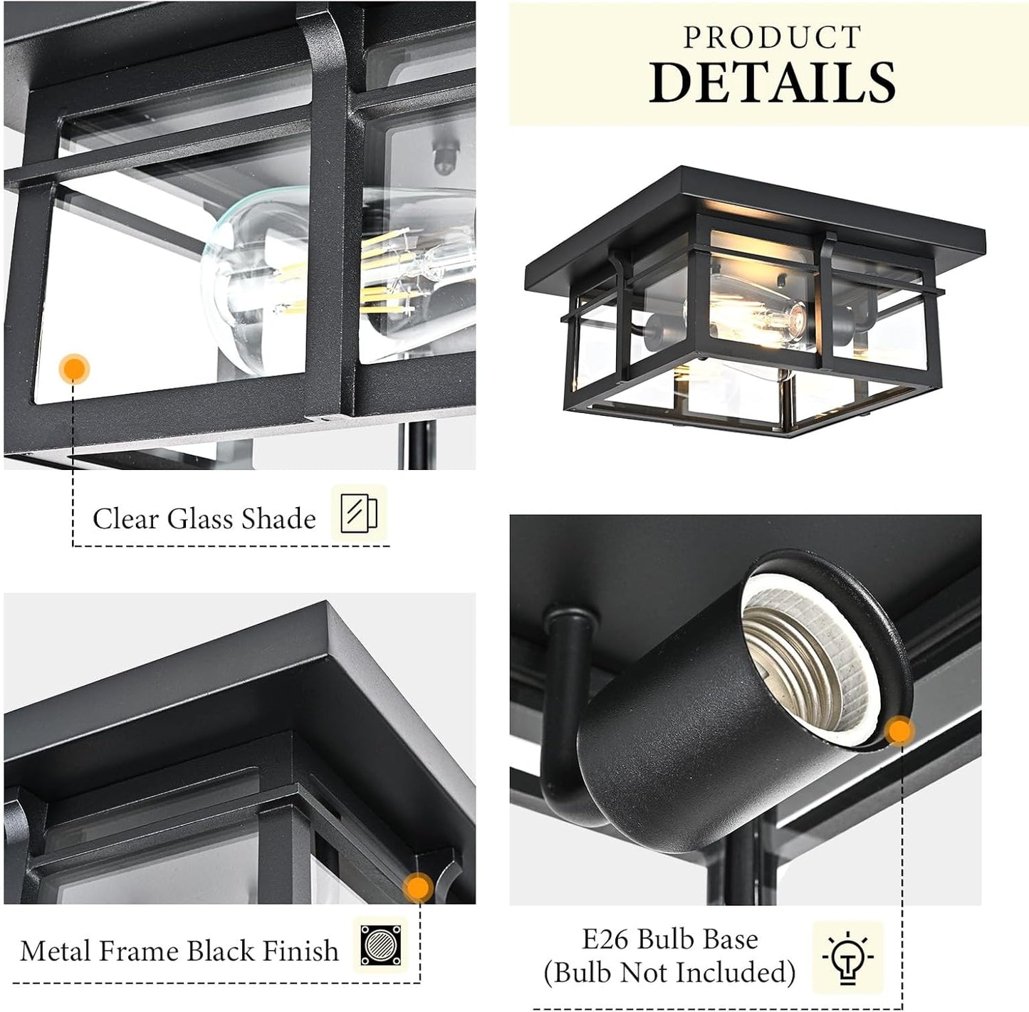 Farmhouse Ceiling Light Fixture Black 2-Light with Clear Glass, Square Flush Mount Ceiling Light for Hallway Kitchen Bedroom Porch