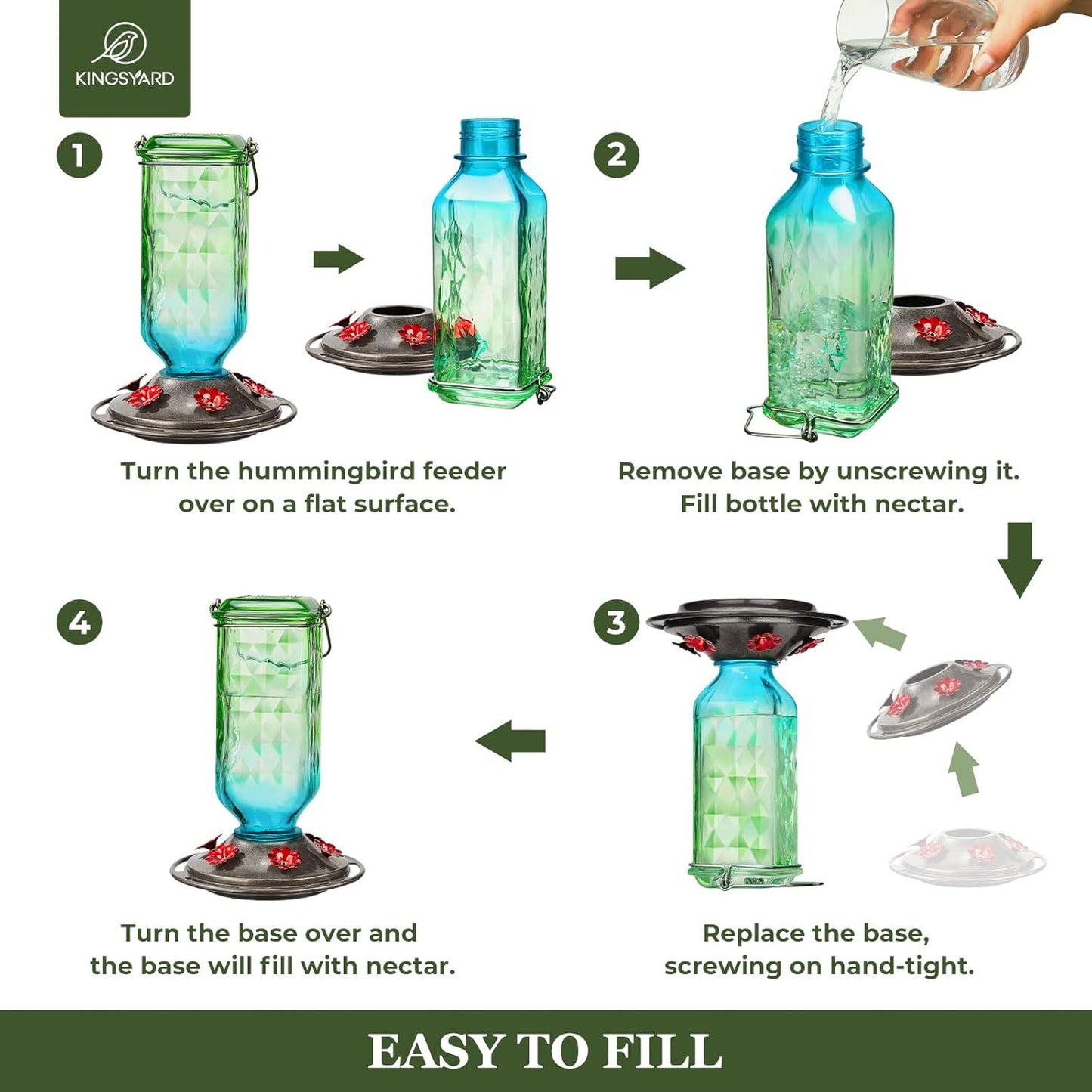 Kingsyard Hummingbird Feeder - 24 Ounce Outdoor Glass Nectar Feeder with 6 Ports & Ant Moat | Green & Blue