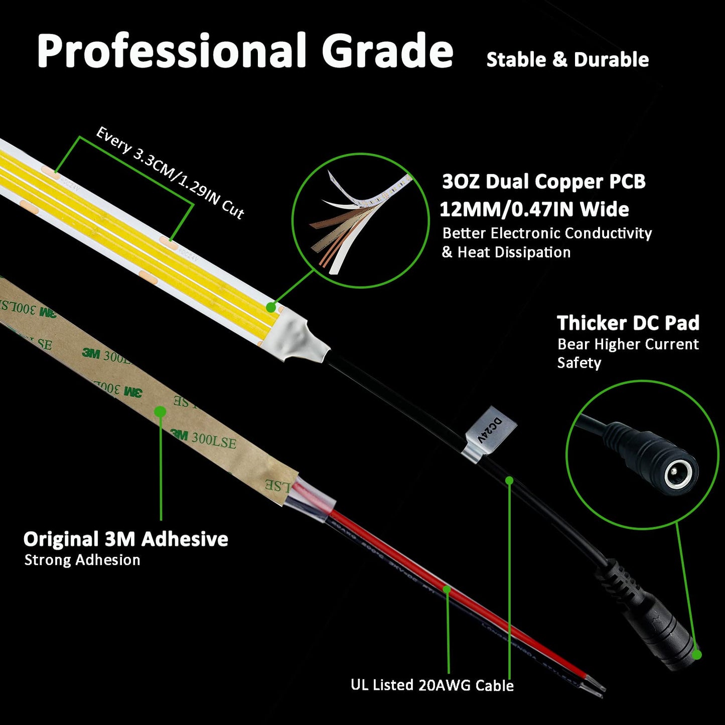 JOYLIT 24V COB LED Strip 16.4ft Dual Row IP65 Waterproof 1005lm/ft Ultra Bright CRI 95+, UL Premium 5000K Day White 125W 960LEDs/M High Density Adhesive Tape Light for Commercial, Industrial, Home