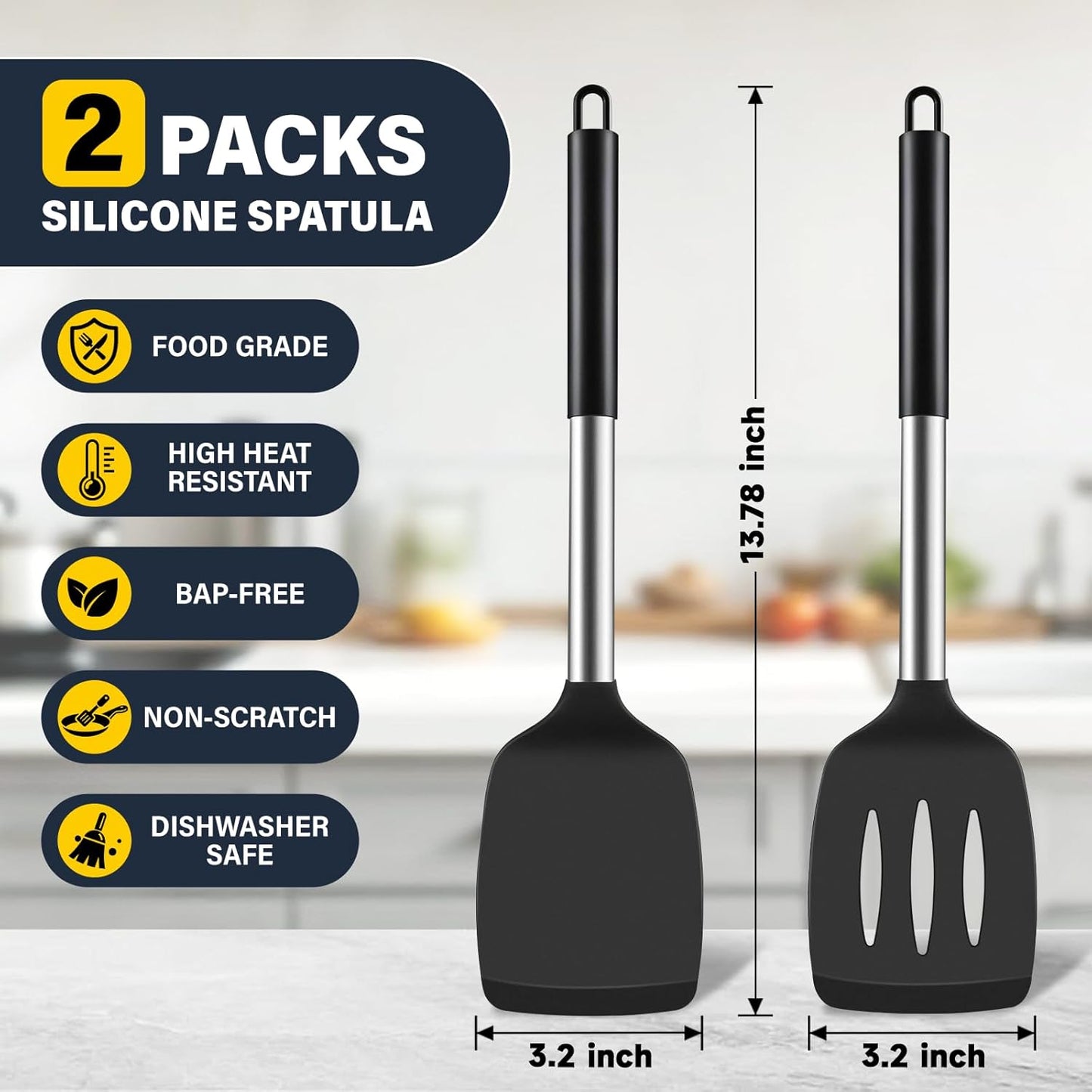 Skiennix Silicone Spatula Set - 2 Pack High Heat Resistant Utensils for Non-Stick Pans | BPA-Free Black