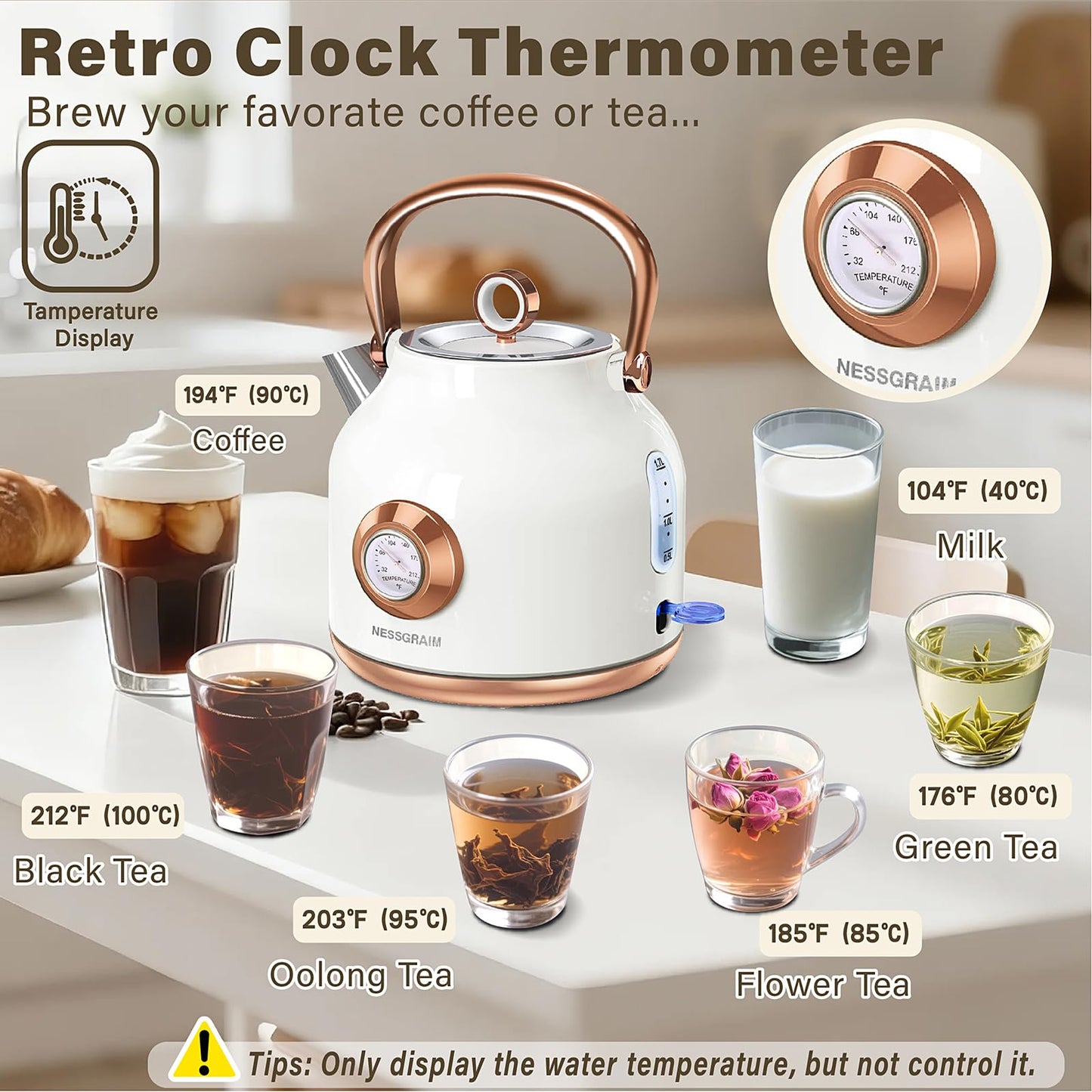Retro Electric Kettle, 1.7L Stainless Steel Tea Kettle with Large Temperature Gauge, 1500W Fast Heating Hot Water Boiler with LED Indicator, Auto Shut-off & Boil-Dry Protection-Reteo White