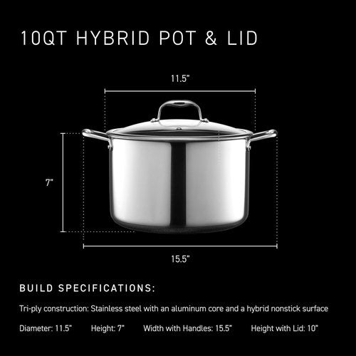 HexClad Hybrid Nonstick 10-Quart Stockpot - Tempered Glass Lid, Stay-Cool Handles, Oven-Safe Up to 900°F