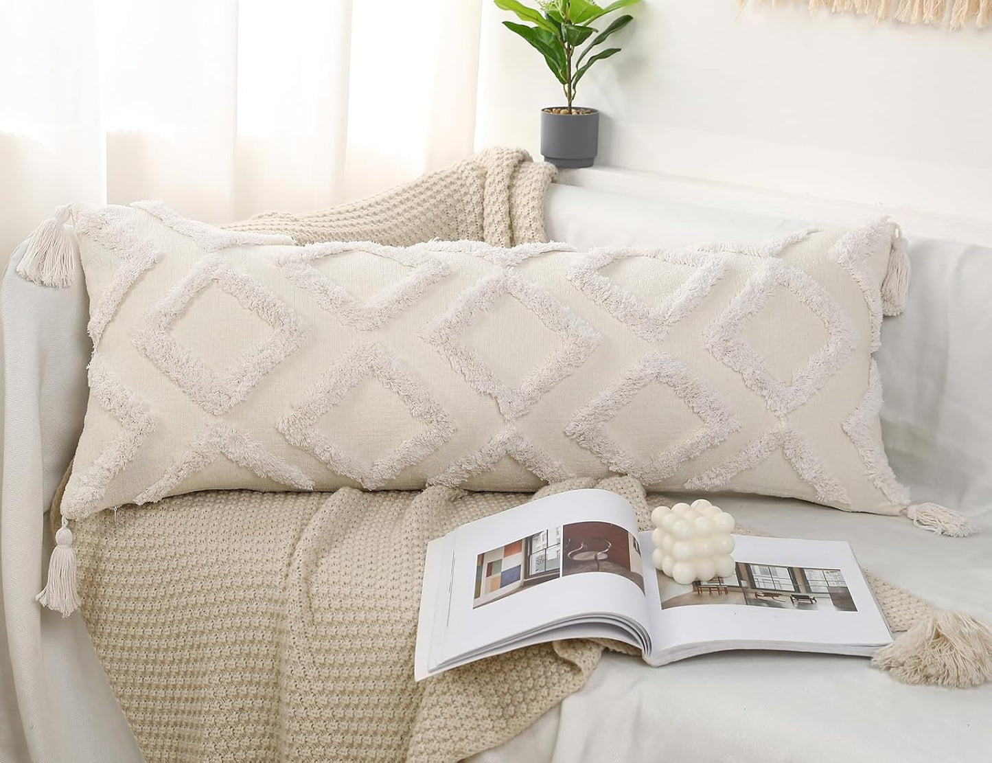 PANOD Decorative Long Lumbar Pillow Cover - Super Soft Chenille with Tassels | 14x36 White Boho Design for Sofa & Bed