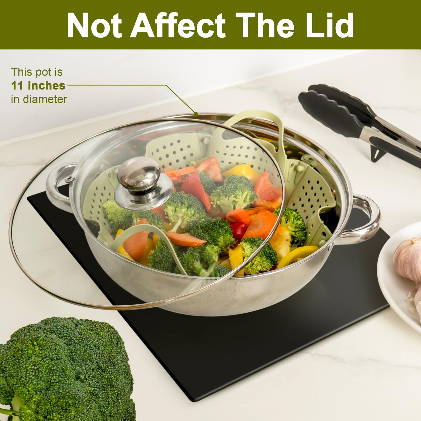 Large Collapsible Silicone Steamer Basket, Folding Silicone Vegetable Steamer Basket With Handles, BPA Free, Expandable for Pot, Non Slip Feet, Compact Storage, Dishwasher Safe