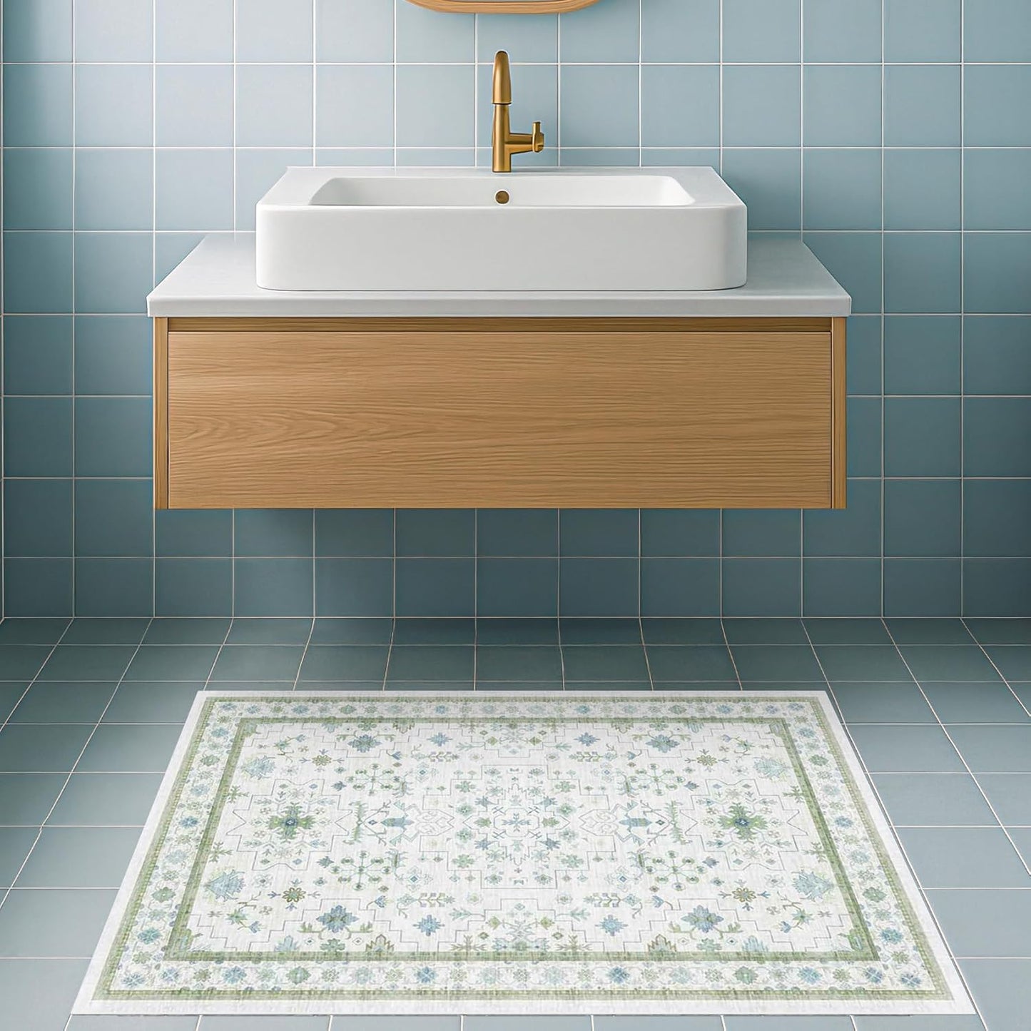 Oushak Washable Boho Bathroom Rug - Small 2x3 Area Rug in Blue and Green | Non-Slip, Stain Resistant, Low Pile