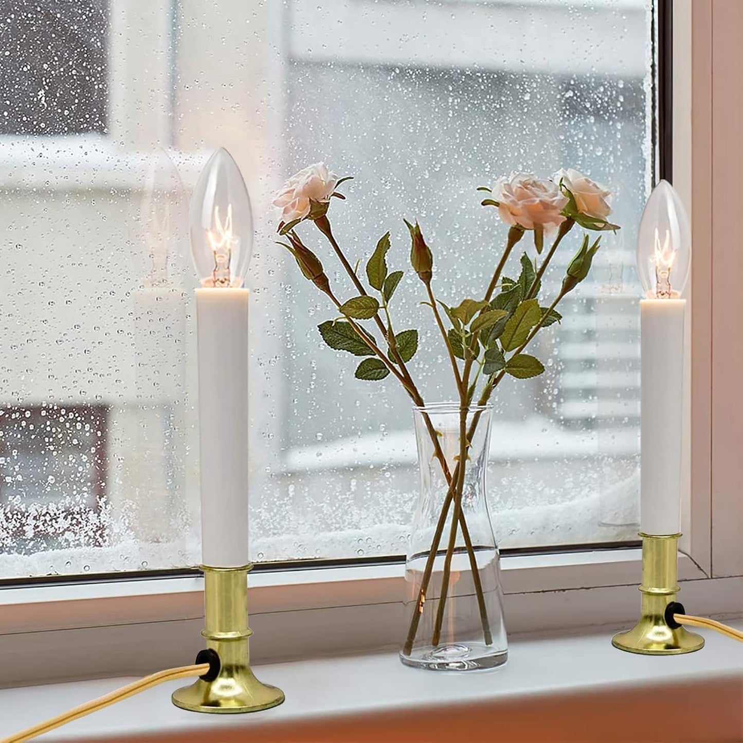 Skiennix Electric Christmas Window Candle Lamps - Flameless Taper Candles with Golden Base | 4 Pack
