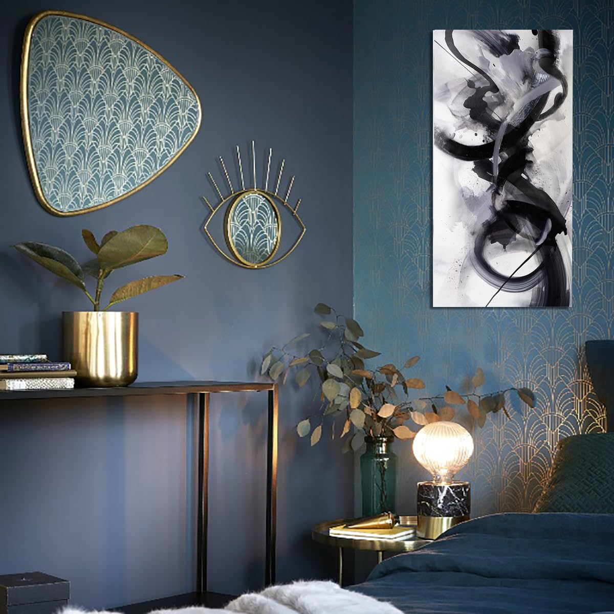 Black White Abstract Wall Art Canvas Geometric Lines Print Picture Large 20x40 Inch Contemporary Artwork Pinting for Bedroom, Dining Room, Office…