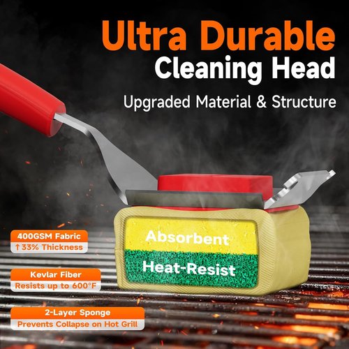 Bristle Free Grill Brush - Safe Steam BBQ Cleaner with Scraper | Replaceable Head for Cast Iron, Stainless Steel, Porcelain Grates - Red