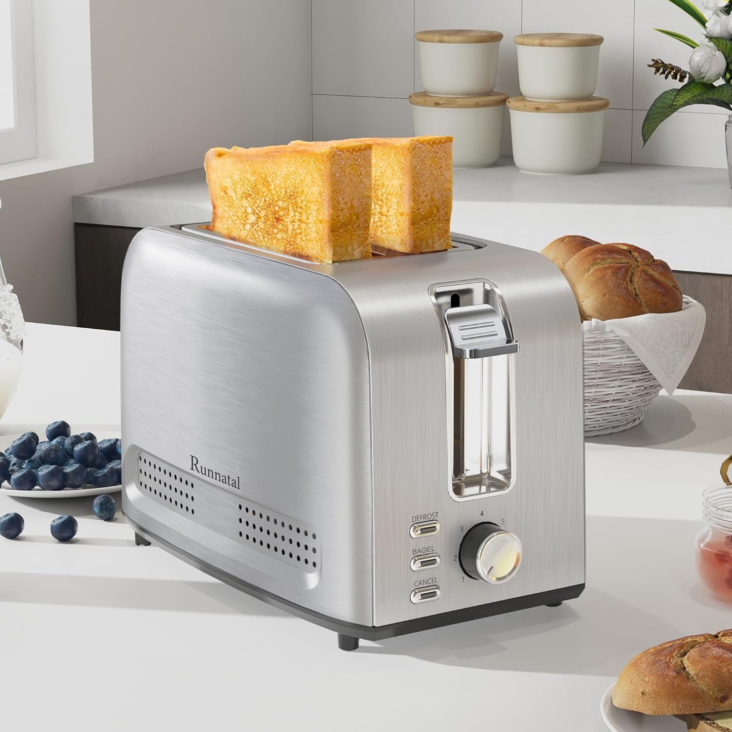 Runnatal 2-Slice Stainless Steel Toaster - Multifunctional with 7 Toast Settings & Easy Clean | Silver Metallic