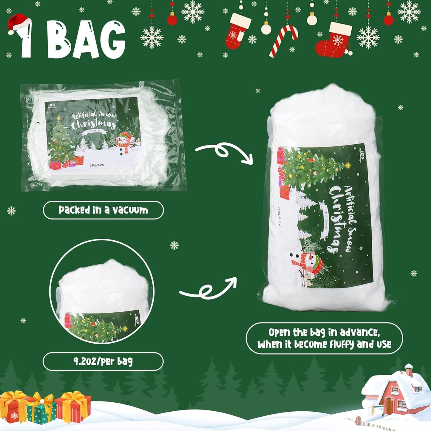 Skiennix Christmas Fake Snow - 9.2oz Fluffy Artificial Snow for DIY Decor & Winter Displays