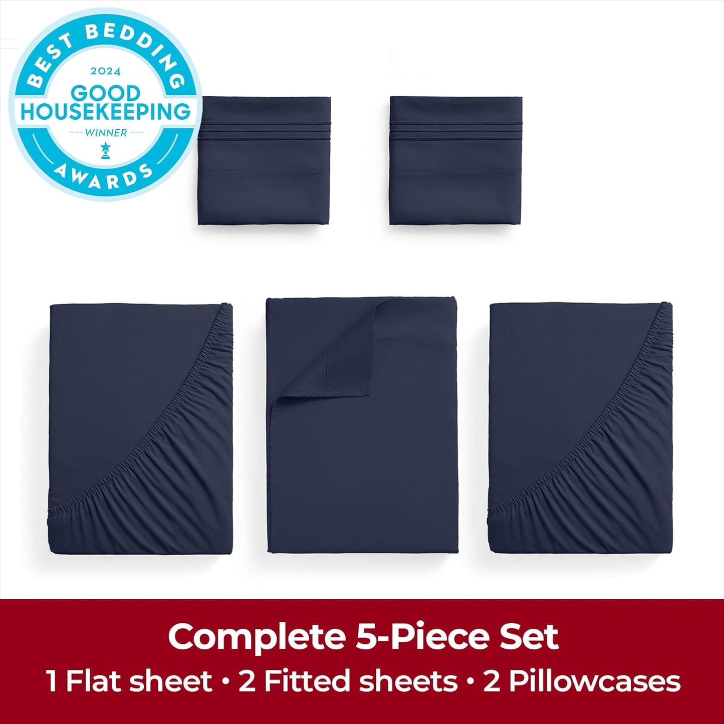 Mellanni Extra Deep Split King Sheets - Hotel Luxury Ultra Soft Cooling Bedding | 5 PC Set in Navy Blue