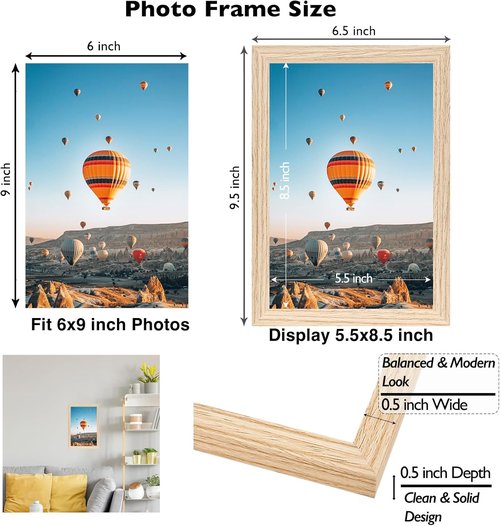 JCJMY 6x9 Picture Frame - Versatile Wall Mount or Tabletop Display | Shatter-Resistant Plexiglass, Natural Finish