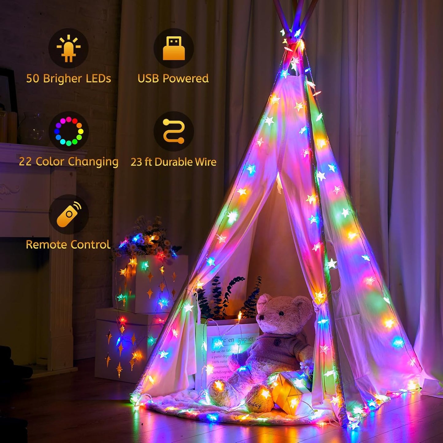 Minetom Color Changing Star String Lights - 50 LED Fairy Lights with Remote & Timer | 23 ft, 16 Colors, USB Powered
