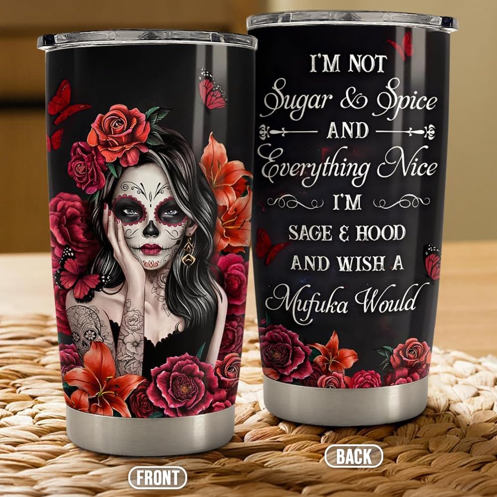 SANDJEST Sugar Skull Tumbler 20oz Stainless Steel Insulated Coffee Travel Mug Cup for Women Girls Gifts for Birthday Christmas Halloween
