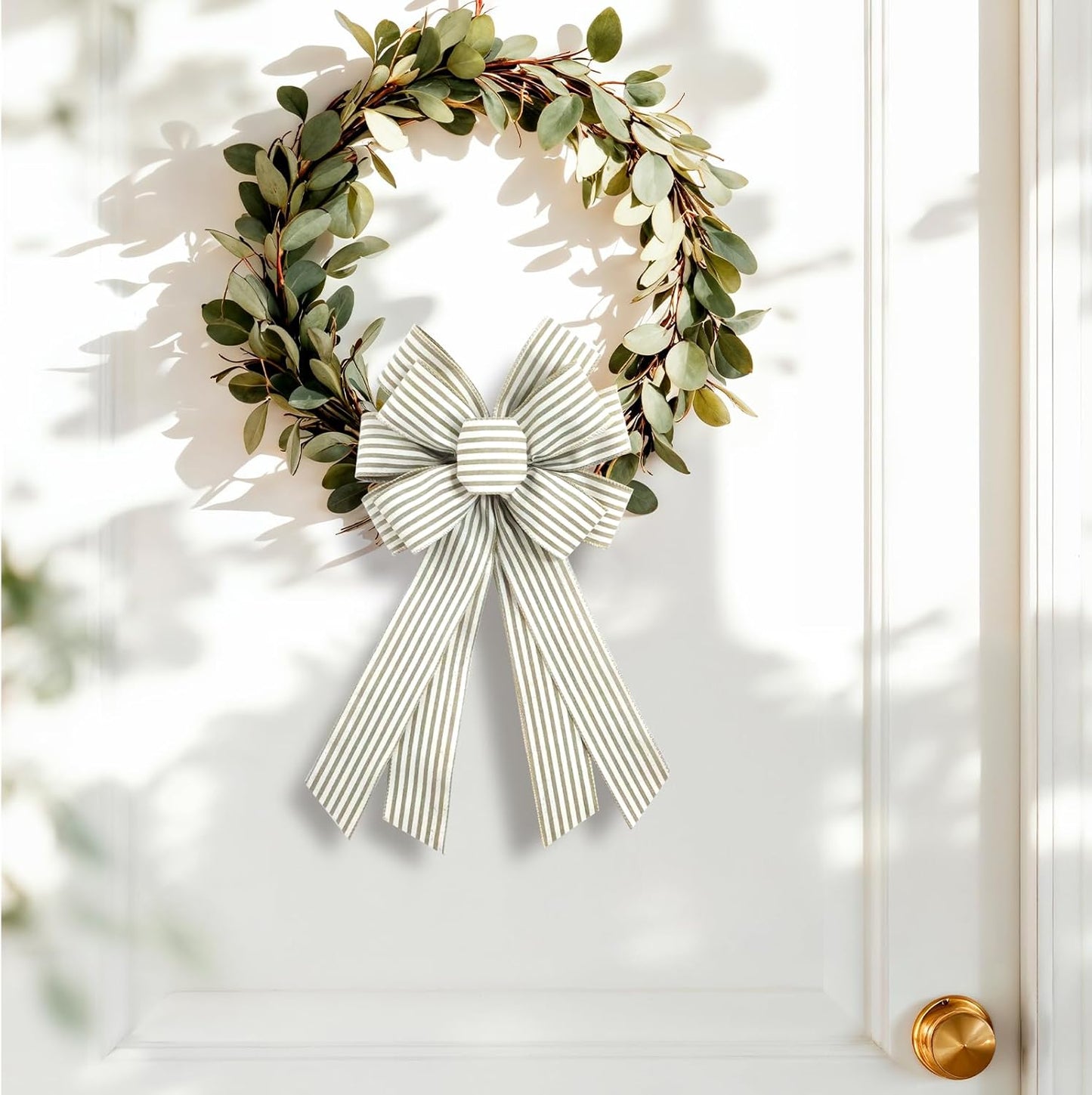 Natural Burlap Wreath Bow - 20 x 11 Inches | Light Khaki Stripes Ribbon for Easter & Home Decor