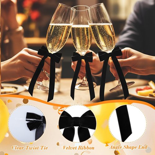 Hoteam Velvet Bow Ornaments - 24 Pcs Christmas Tree Decorations | 3 x 8 Inch Black Twist Ties for Gifts & Crafts