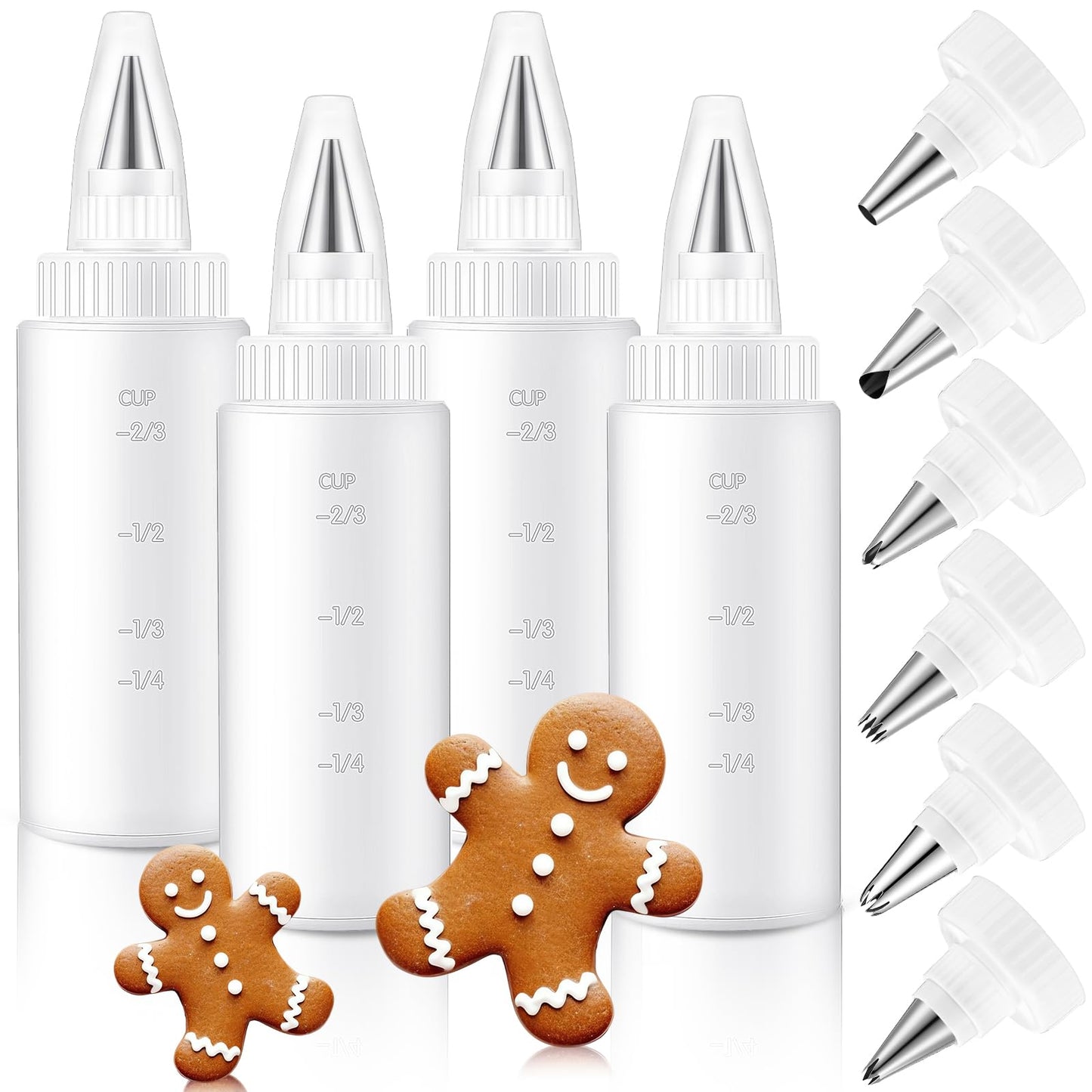 LemonRoad 4 Pcs Piping Bottles for Icing Cookie Decorating Supplies Plastic Squeeze Bottles with 6 Different Piping Tips for Cookie Icing Kit Pancake Squeezing Applicator Writer(4 oz)