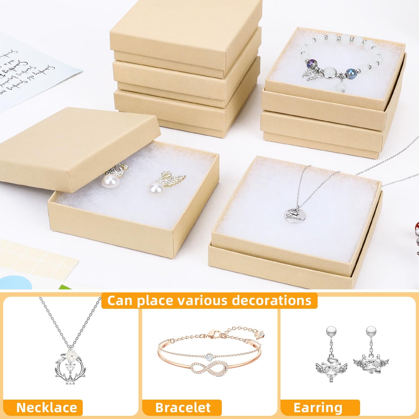 batifine Cardboard Jewelry Gift Boxes, 80 Pack 3.5x3.5x1 Inch, Bulk Cotton Filled Small Jewelry Boxes with Lids for Necklace Ring Bracelet Earring Display Box (Brown)
