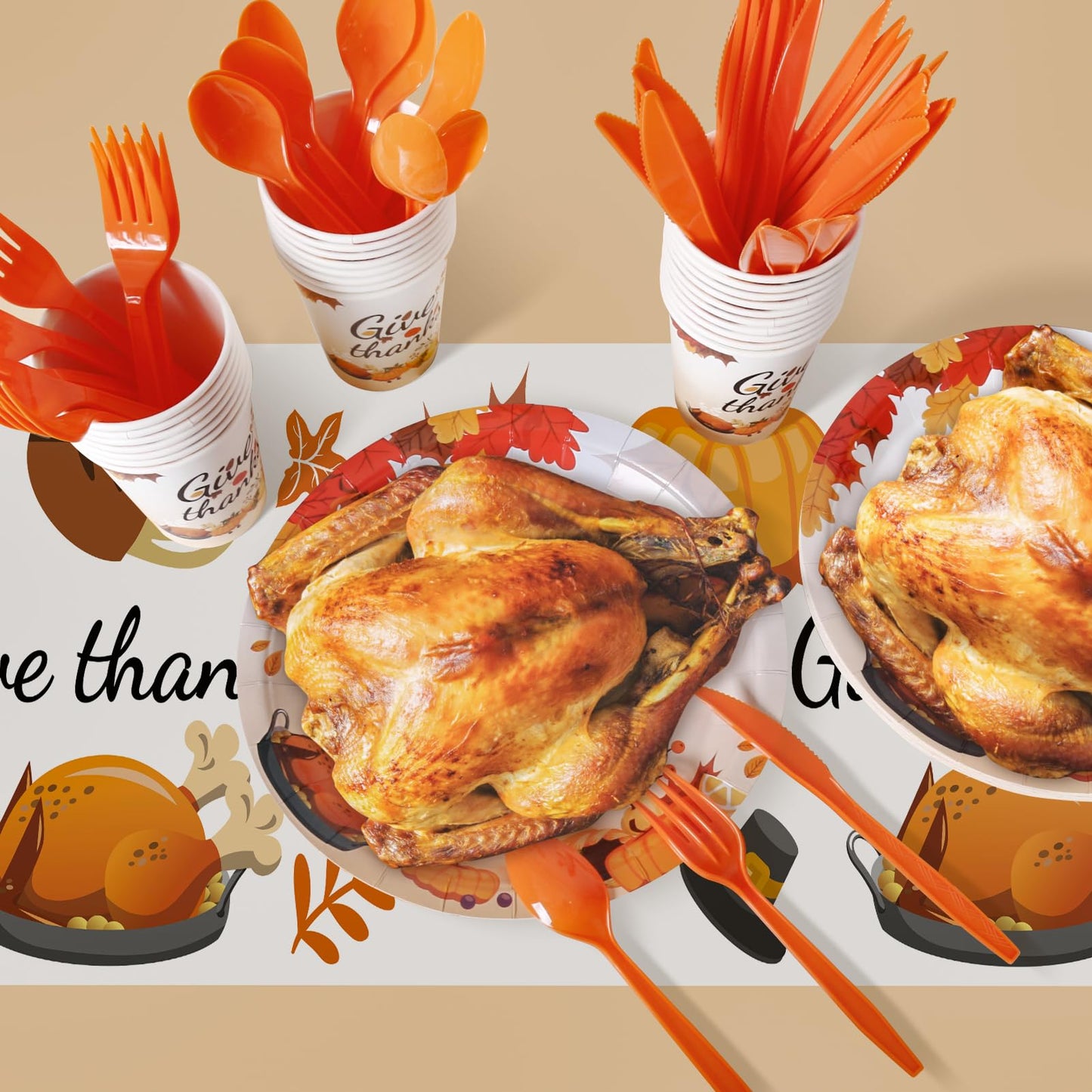 Childom 152Pcs Thanksgiving Plates and Cups,Disposable Thanks Giving Dinnerware Set,Thanksgiving Decorations,Thanks Giving Party Supplies,Give Thanks Tablecloth Plates Cups Forks Knives Spoon,Serve 30
