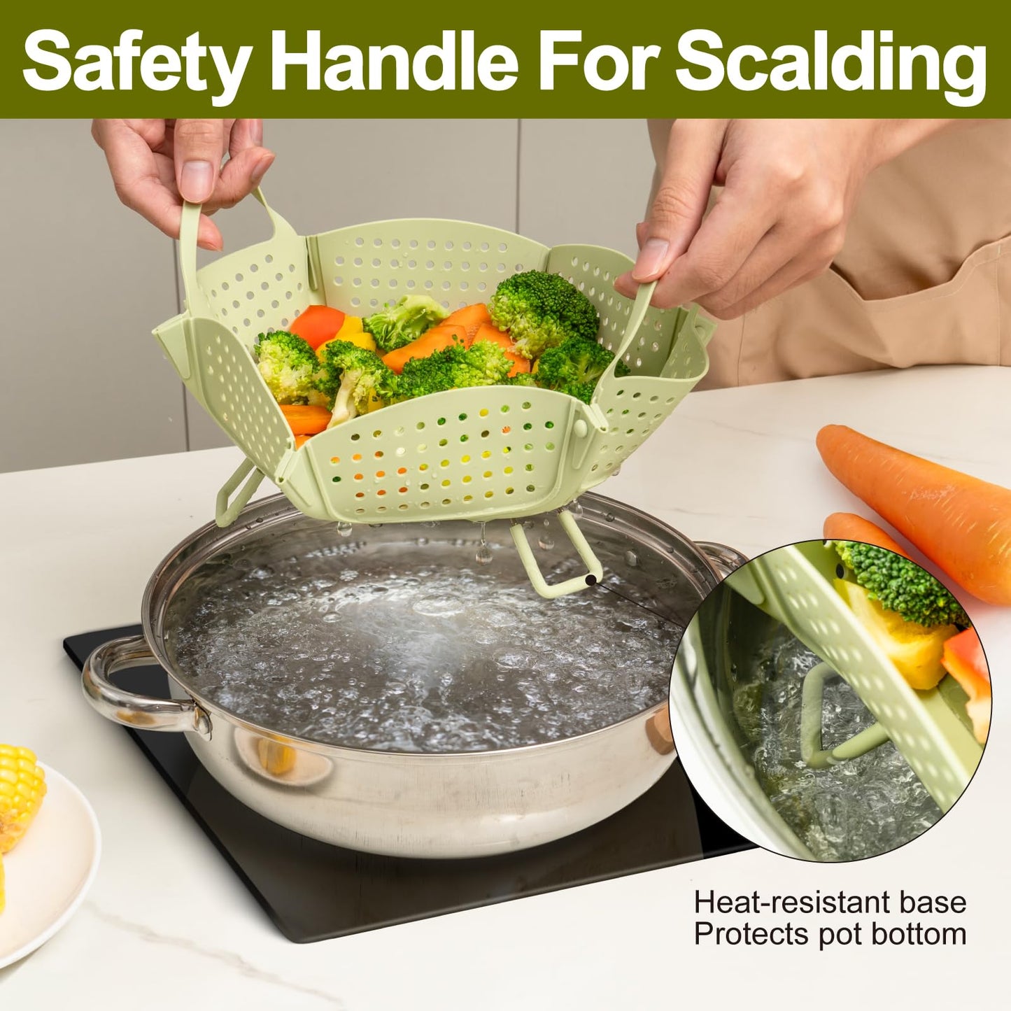 Large Collapsible Silicone Steamer Basket, Folding Silicone Vegetable Steamer Basket With Handles, BPA Free, Expandable for Pot, Non Slip Feet, Compact Storage, Dishwasher Safe