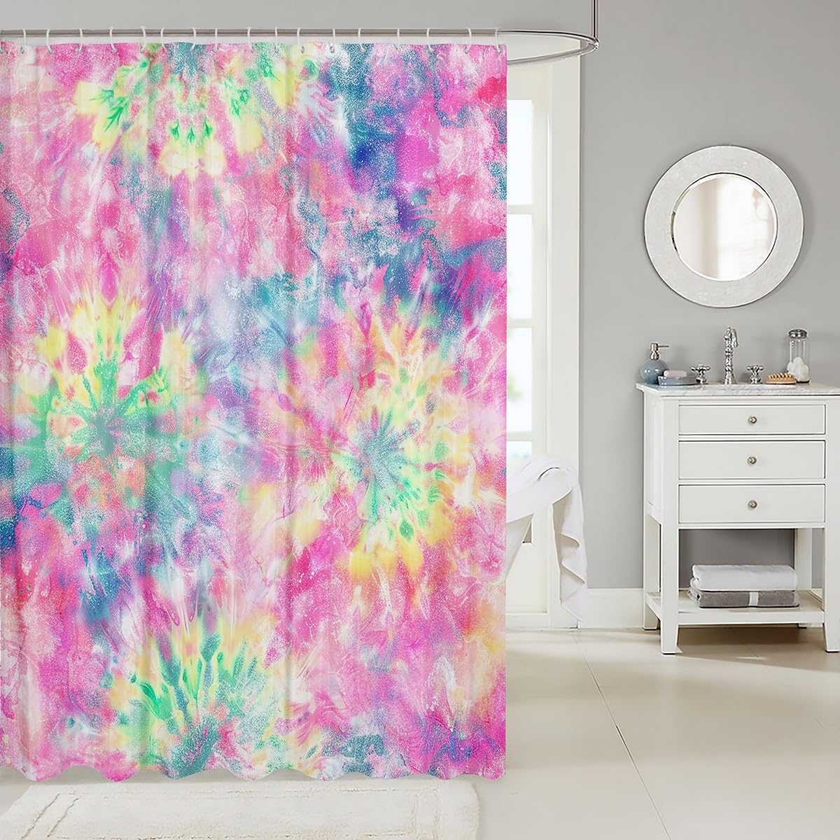 Erosebridal Kids Tie Dye Shower Curtain, Girls Bohemian Hippie Bath Curtain, Watercolor Psychedelic Bathroom Accessories, Waterproof Polyester Fabric Curtains Set for Teens Women, 72" W X 72" L