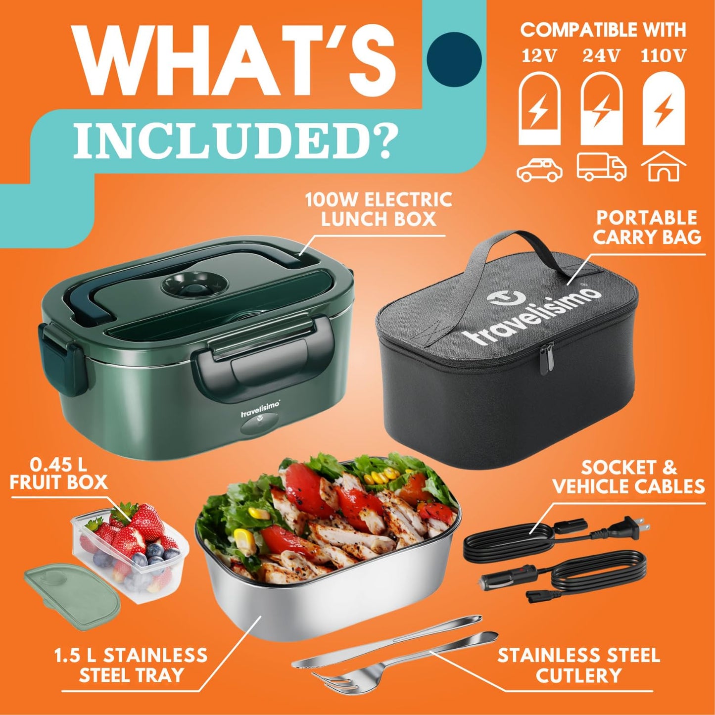 TRAVELISIMO Electric Lunch Box for Adults 100W Heated Lunch Box For Men 1.5L Stainless Steel Portable Food Warmer, 12/24/110V for Travel & Work, Loncheras Electricas Para Calentar almuerzo