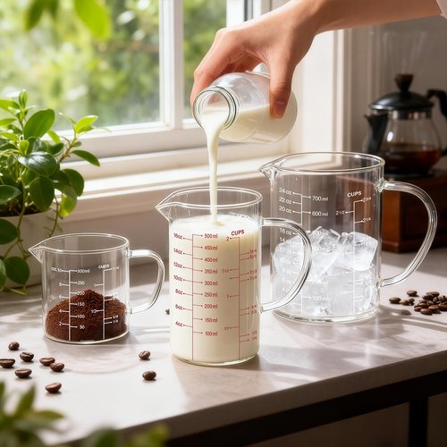 77L Glass Measuring Cup, [Insulated handle, V-Shaped Spout], High Borosilicate Glass Measuring Cup for Kitchen or Restaurant, Easy To Read, 500 ML (0.5 Liter, 2 Cup)