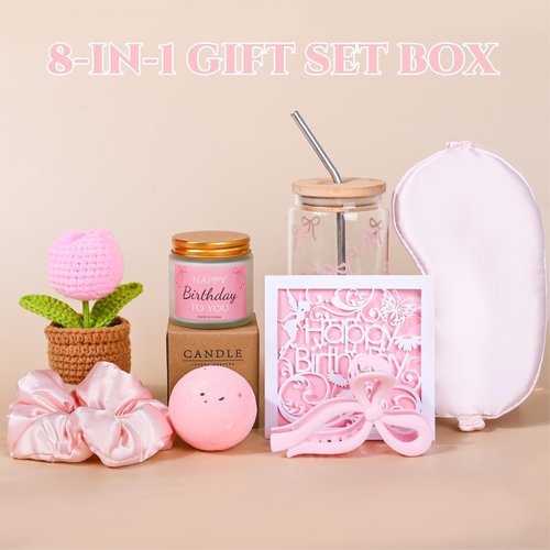 Birthday Gifts for Teen Girls, Women, Her, Sister, Friendship, Christmas, Happy Birthday Gift for Daughter, Best Friend,Delicate Pink Bow Aesthetic Glass Cups Tumbler Gifts (8Pcs Set)