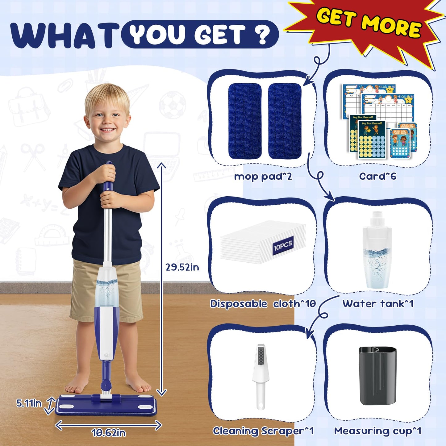 Kids Spray Mop - Chores Chart Set Montessori Cleaning Toy Set with Real Water Sprayer 2PCS Washable Pads and 10PCS Disposable Mop Pads for Ages 3-8 (Blue)