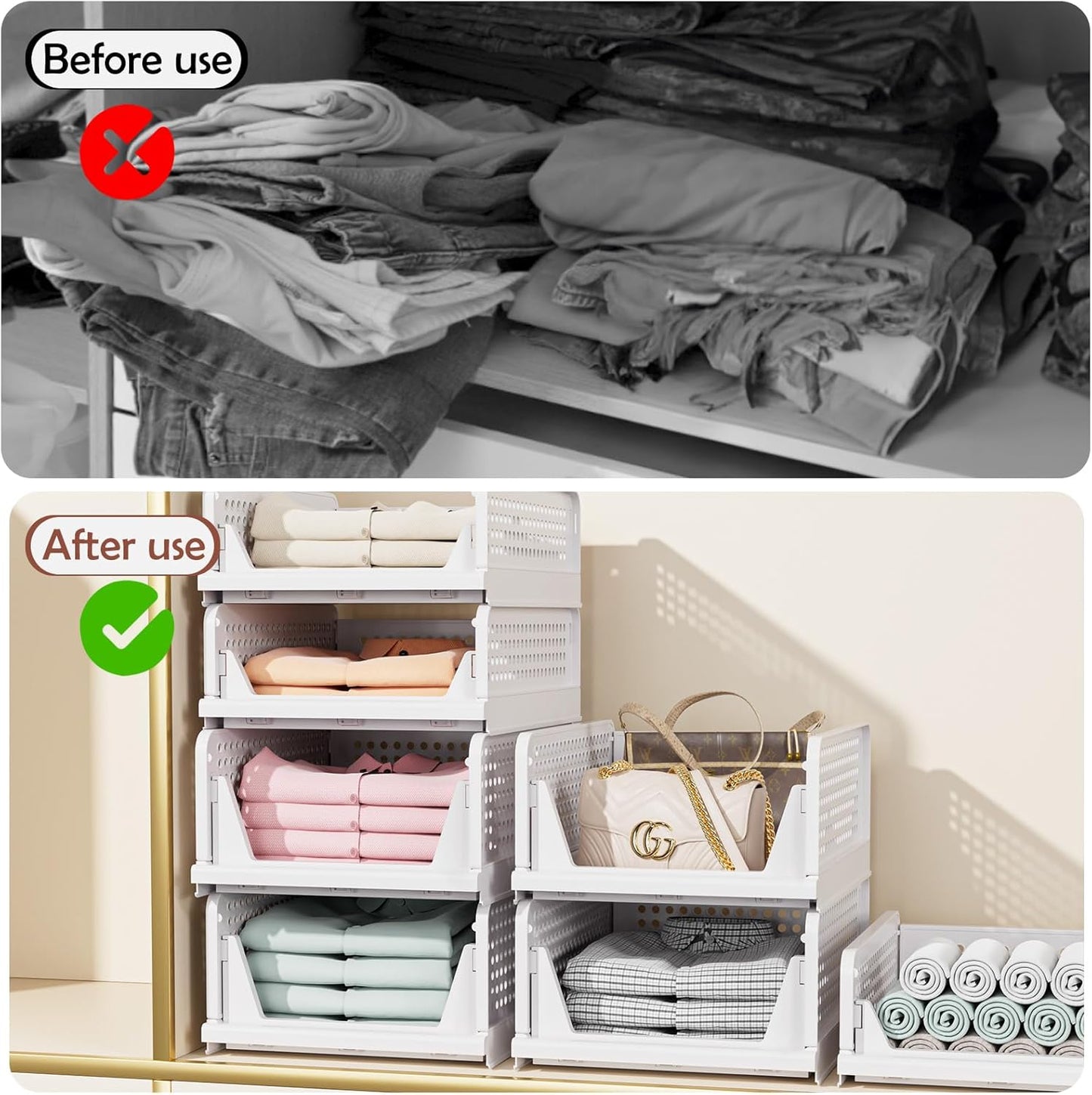 Skiennix Folding Closet Organizers - Stackable Storage Bins for Home & Office | White, 4-Pack