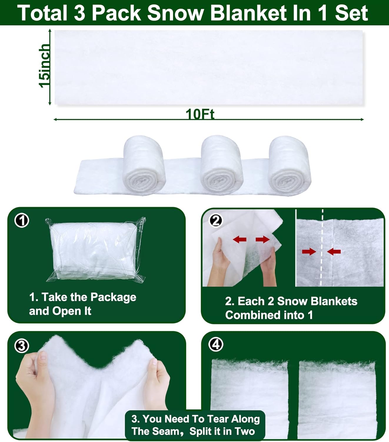 TURNMEON Christmas Snow Blanket Roll - 3 Pack, 10 Ft x 15 Inch Soft Artificial Snow for Holiday Decor