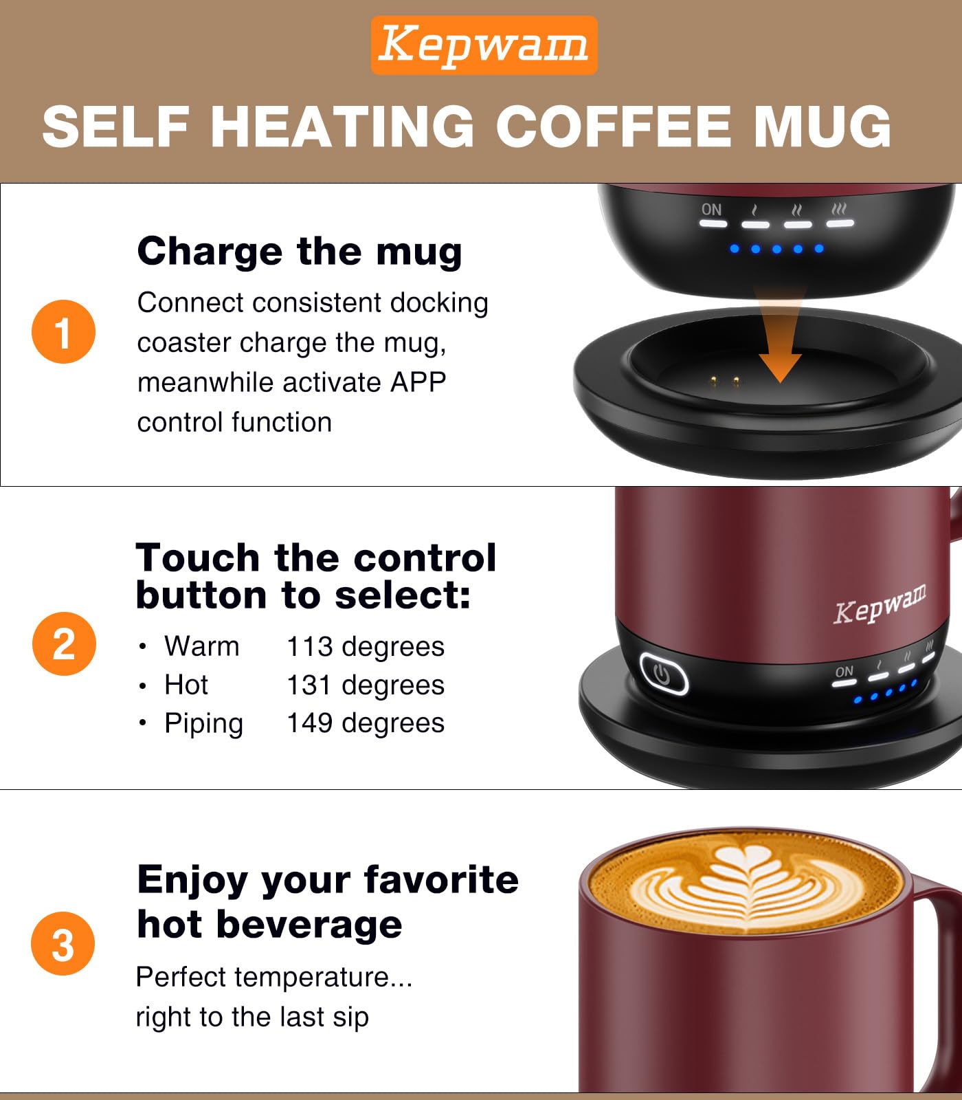 Kepwam Self Heating Coffee Mug T1-16oz Fast Heating & Ultra Long-Lasting Battery Life, Heated Coffee Mug Up to 149℉ - Touch & App Controlled Coffee Mug, Birthday Gifts for Women and Men