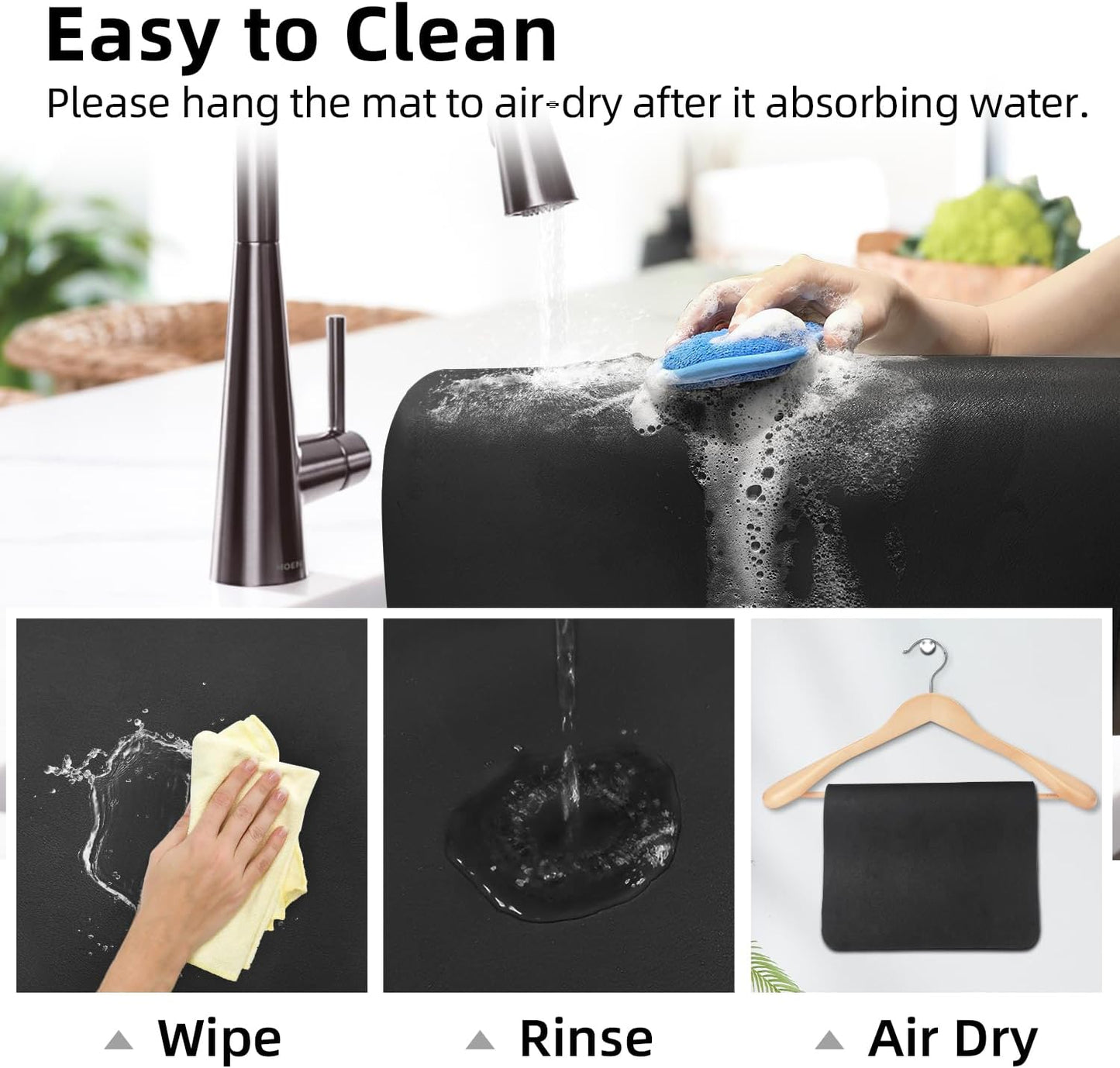 LOPNUR Dish Drying Mat - Super Absorbent Diatomite Kitchen Counter Pad | Large 24"x16", Heat Resistant, Anti-Slip Black