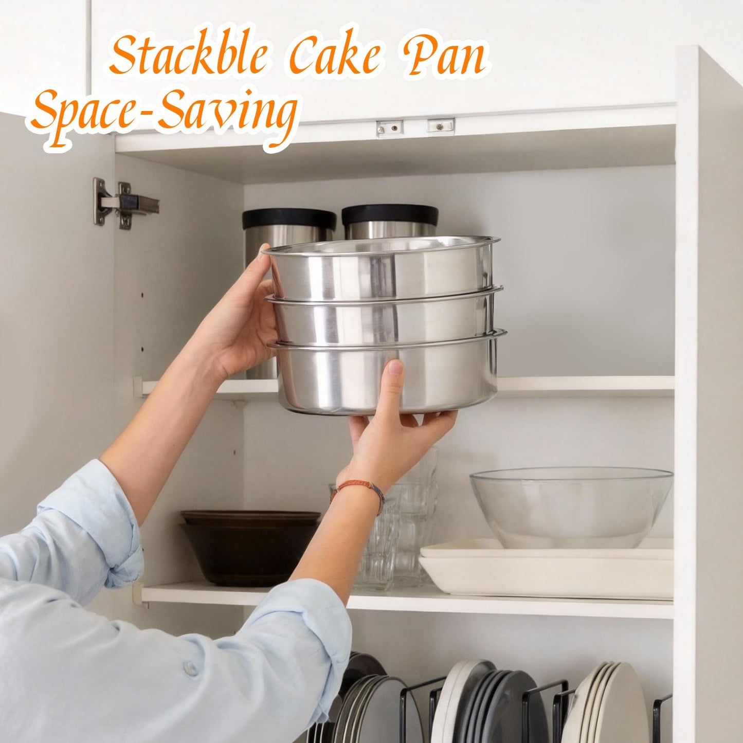 tifanso Set of 3 Stainless Steel Cake Pans - 8 Inch Round Layer Cake Baking Pan Molds, Stackable Even Heating Baking Set, Dishwasher Safe Bakeware Tins for Home Bakers, Birthday Party Wedding