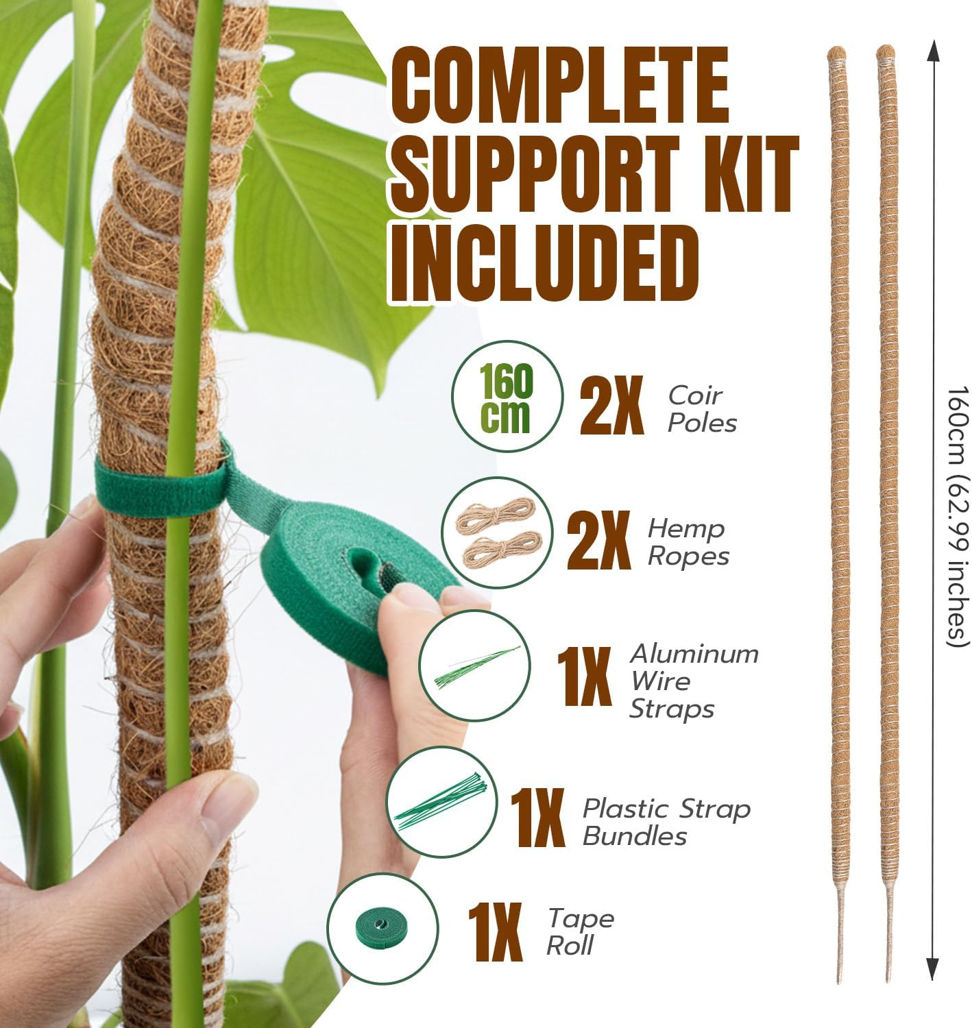 Mcbazel 63-Inch Bendable Moss Pole - Extra Tall 5.2ft Coco Coir Plant Support for Monstera & Climbing Vines | Flexible Kit with Rope & Ties