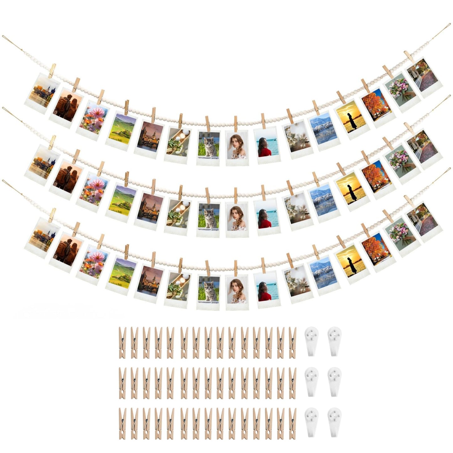 3PCS Hanging Photo Display with 45 Clips, 67 Inch Boho Wooden Bead Garland Photo Banner, Kids Art Display Collage Picture Postcard Display, Photo String for Bedroom Dorm Cubicle Wall Decor Teen Gifts