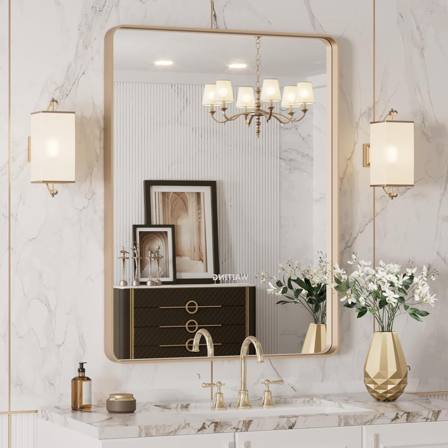LOAAO Gold Bathroom Mirror - 20”X30” Rounded Rectangle Design, Wall-Mounted, Anti-Rust Finish