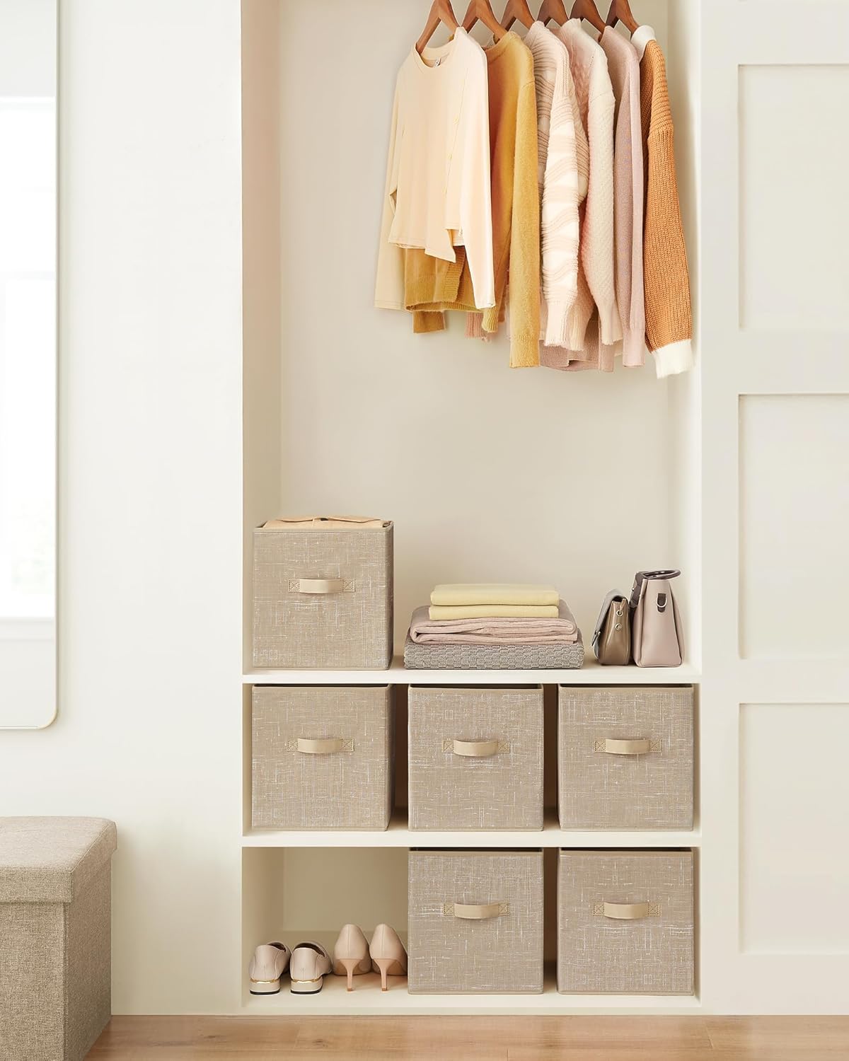 SONGMICS Storage Cubes - 11-Inch Non-Woven Fabric Bins with Double Handles | Set of 6, Sand Beige Closet Organizers
