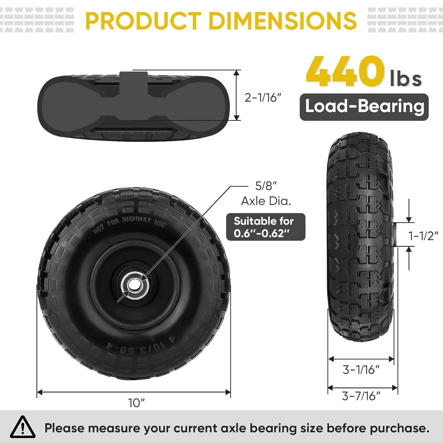 TICONN 10" Solid Tires - Flat Free 4.10/3.50-4'' Wheels with 5/8” Axle Bore & Double Sealed Bearings | Black, 2 Pack